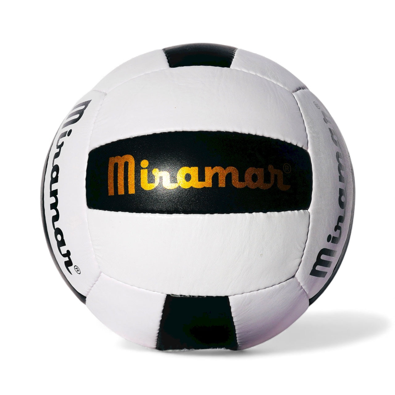 White and black volleyball with Miramar branding on a white background