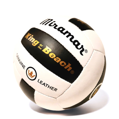 Miramar leather beach volleyball with 'King of the Beach' and 'Genuine Leather' text on a white background.