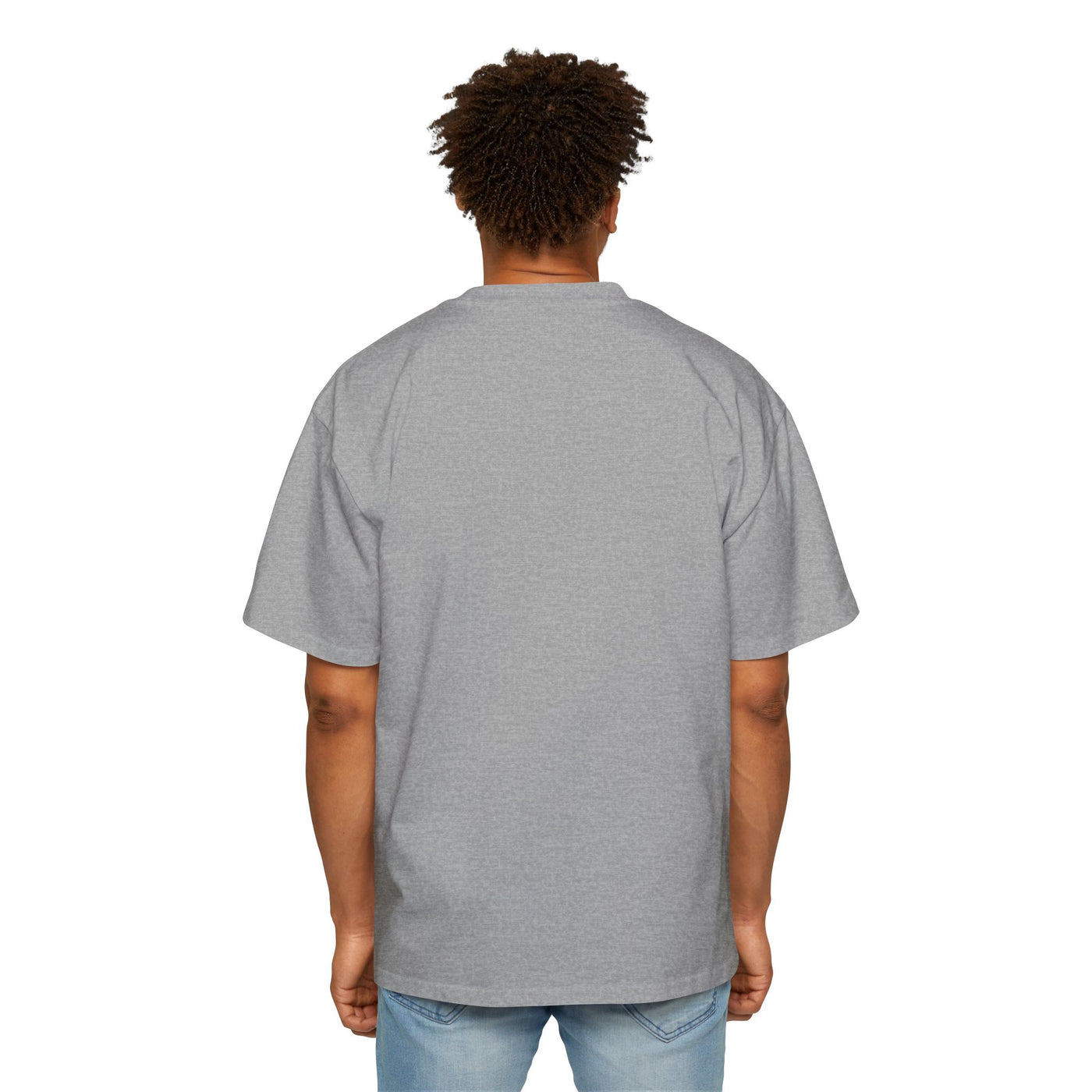 Person wearing a gray t-shirt on a white background