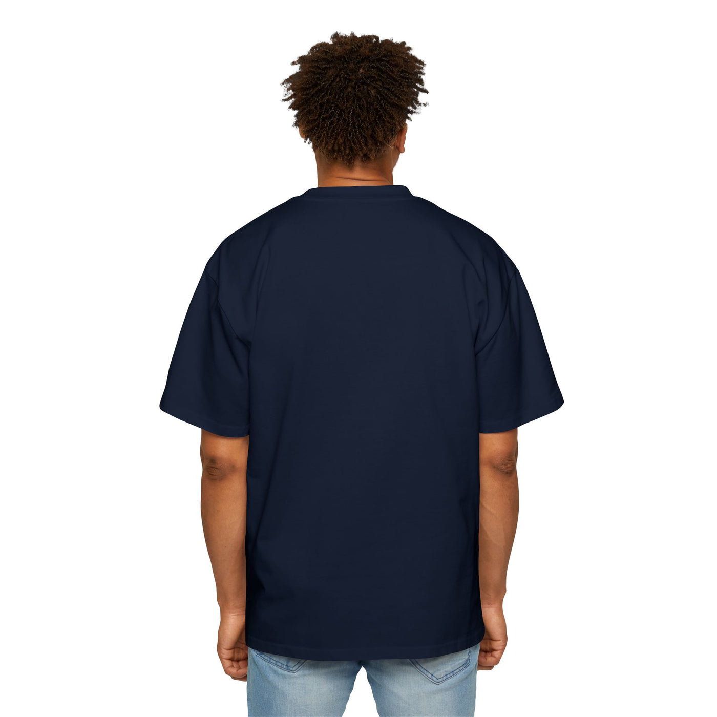 Person wearing a navy blue t-shirt on a white background