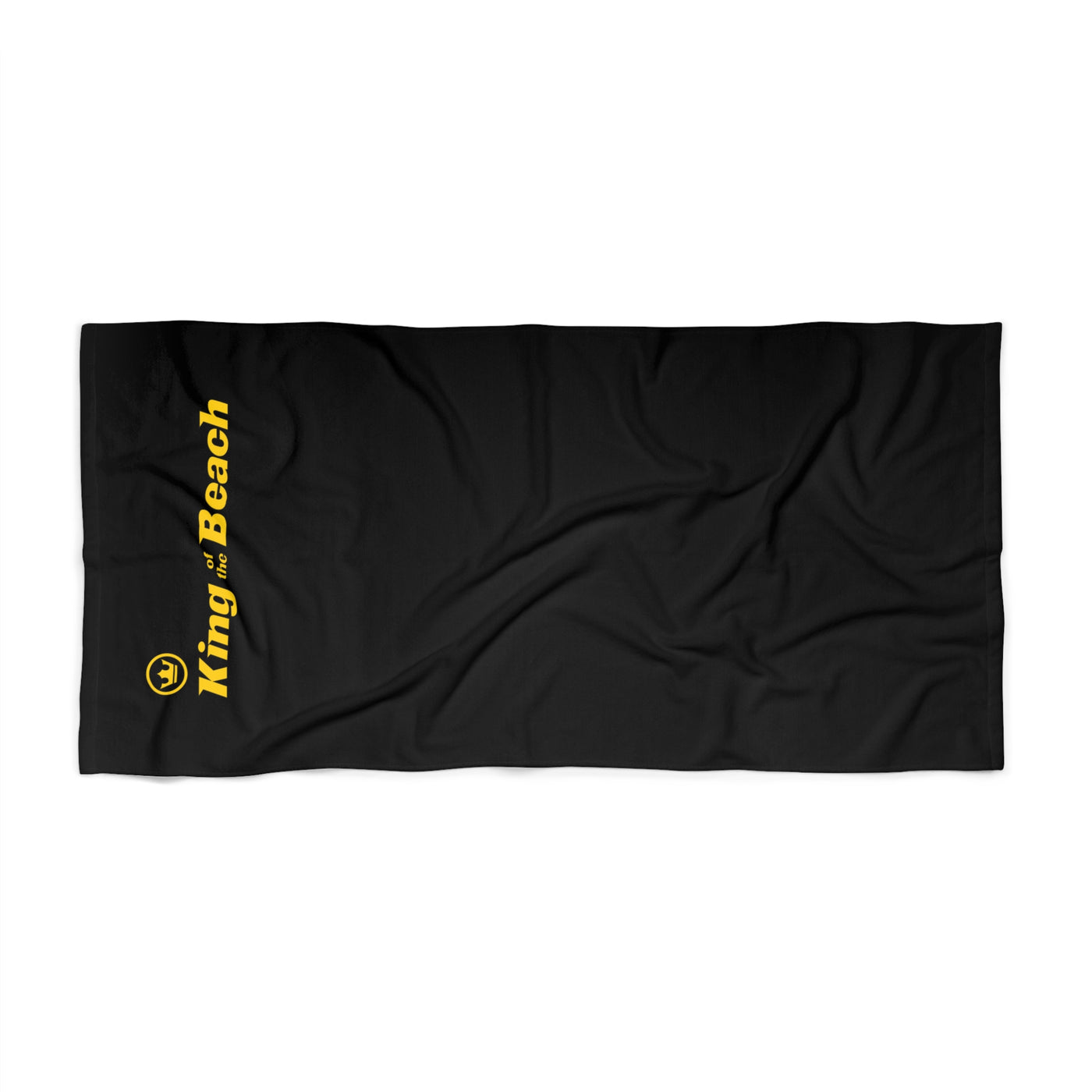 Black towel with yellow text and logo on a white background