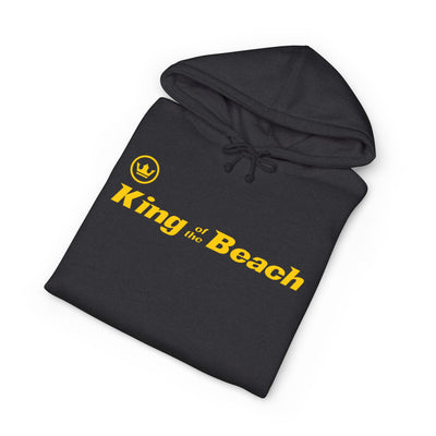 Black hoodie with 'King of the Beach' text on a white background