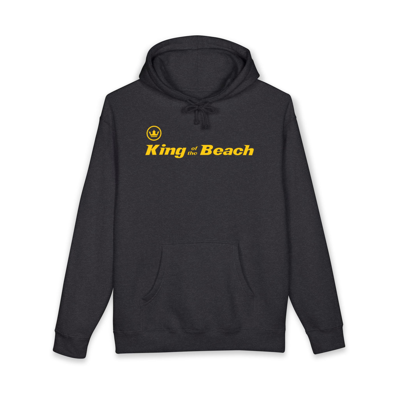 Black hoodie with 'King of the Beach' text on a white background