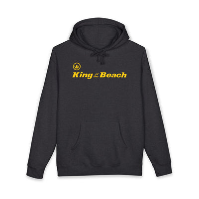 Black hoodie with 'King of the Beach' text on a white background