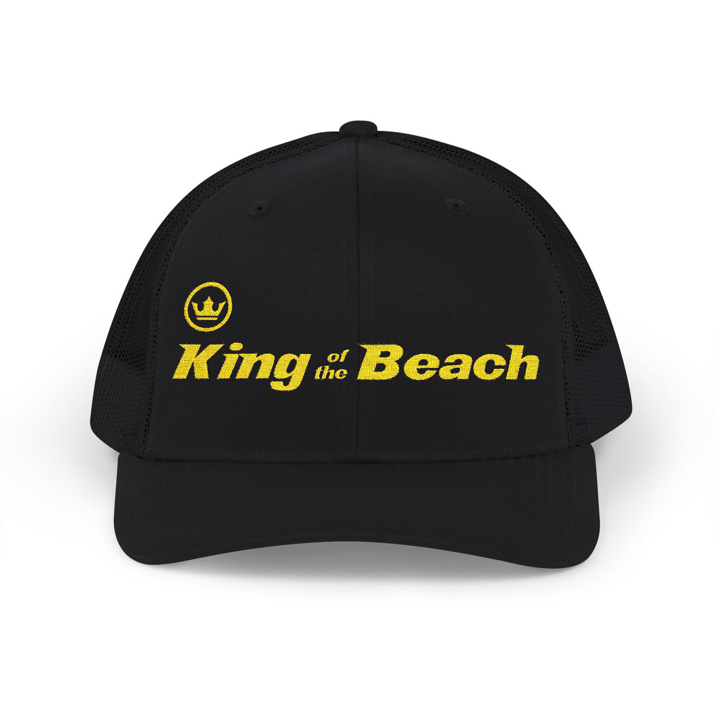 Black cap with yellow 'King of the Beach' text on a white background