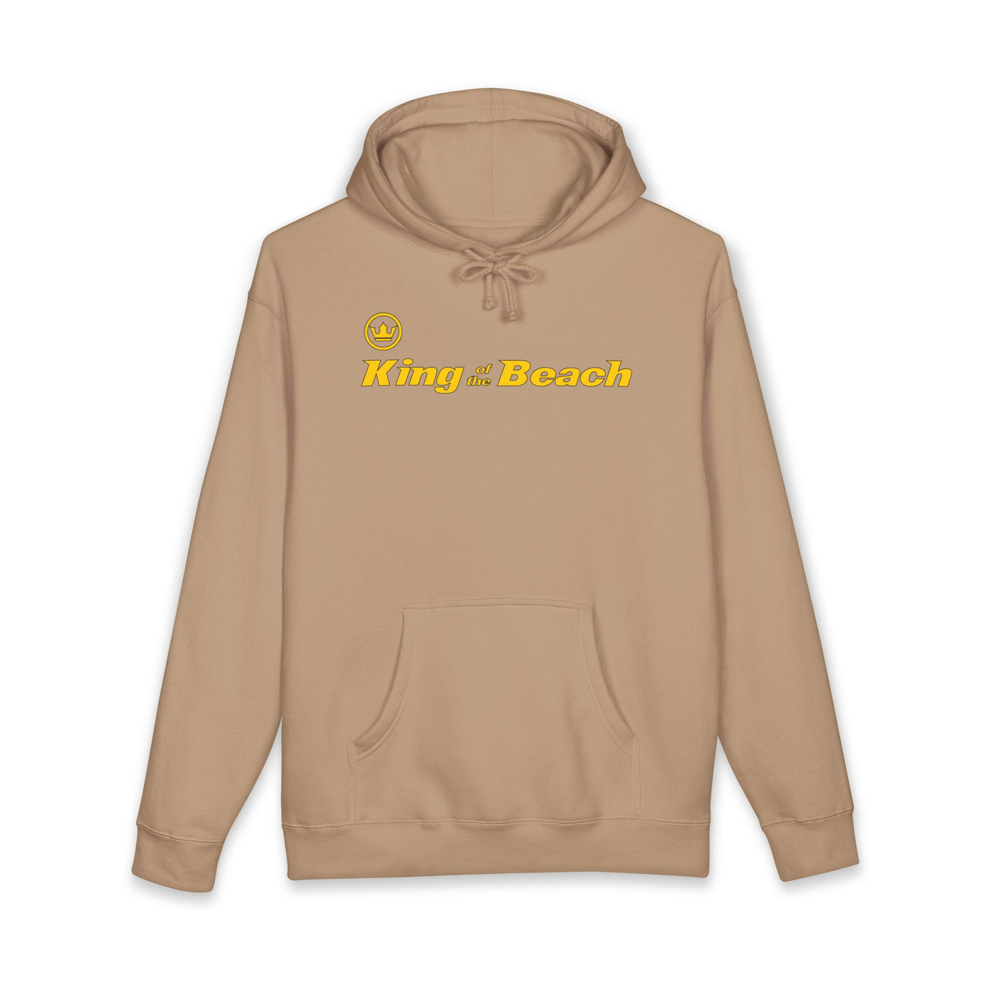 Brown  hoodie with 'King of the Beach' text on a white background