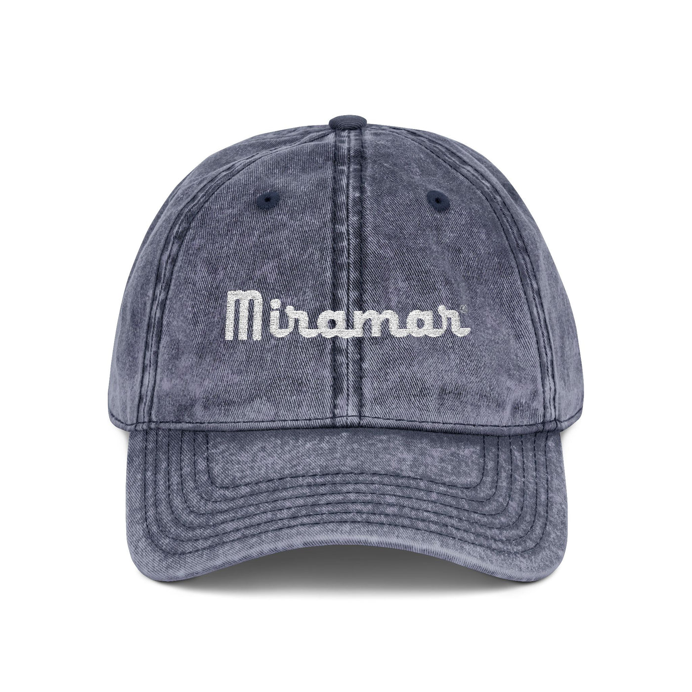 Denim cap with 'Miramar' logo on a white background