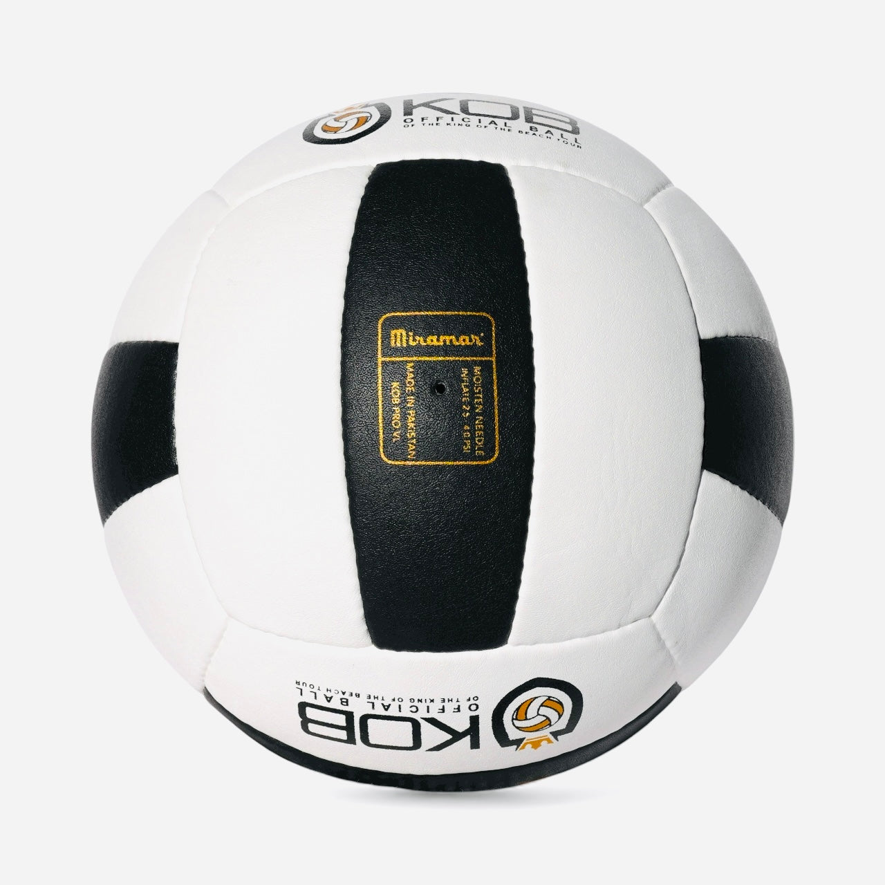 Miramar King of the Beach volleyball White and black volleyball with KOB branding on a white background