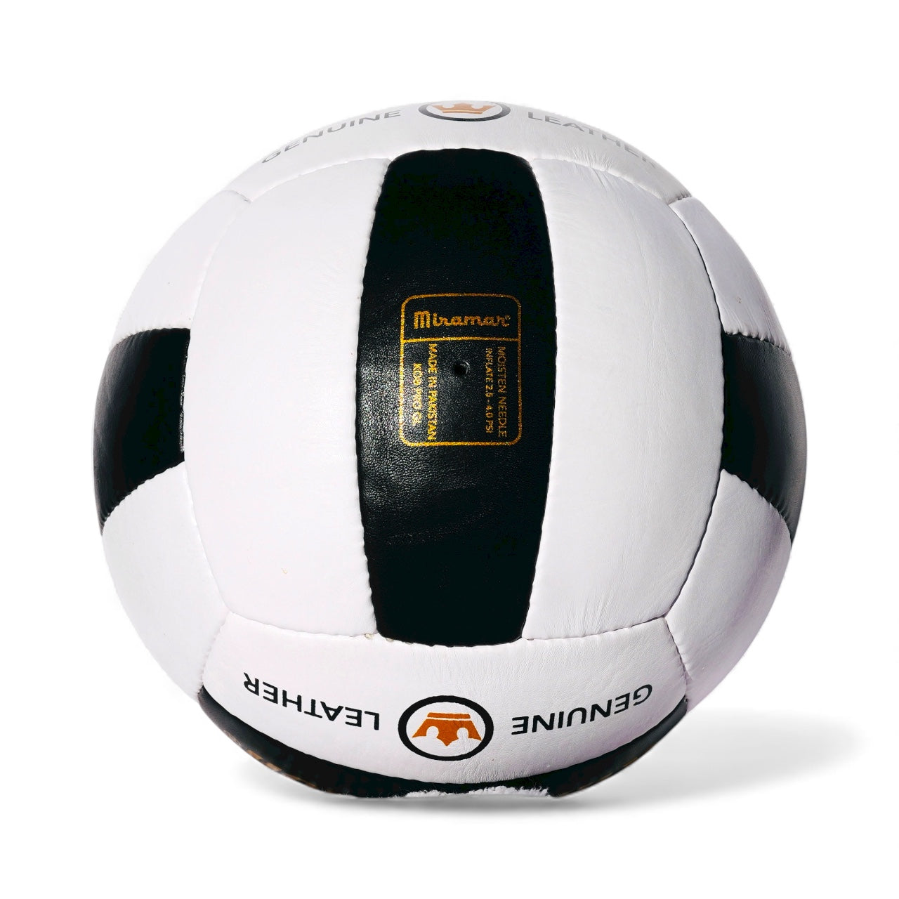 White and black Miramar King of the Beach Genuine Leather beach volleyball  with brand logos on a white background Inflation Instructions