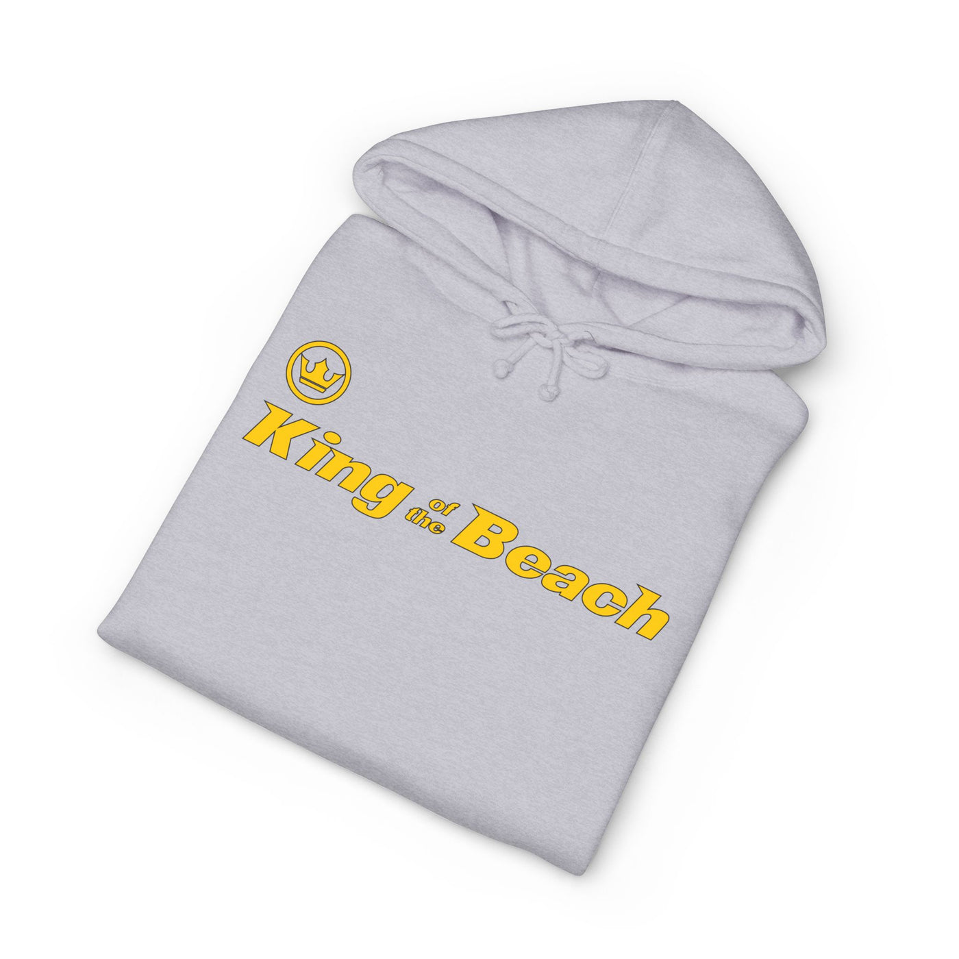 Folded gray hoodie with 'King of the Beach' text and logo on a white background