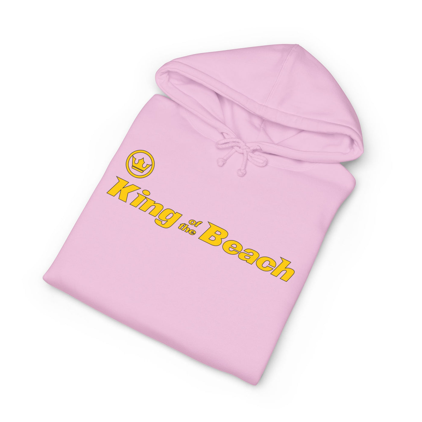 Pink hoodie with 'King of the Beach' text on a white background