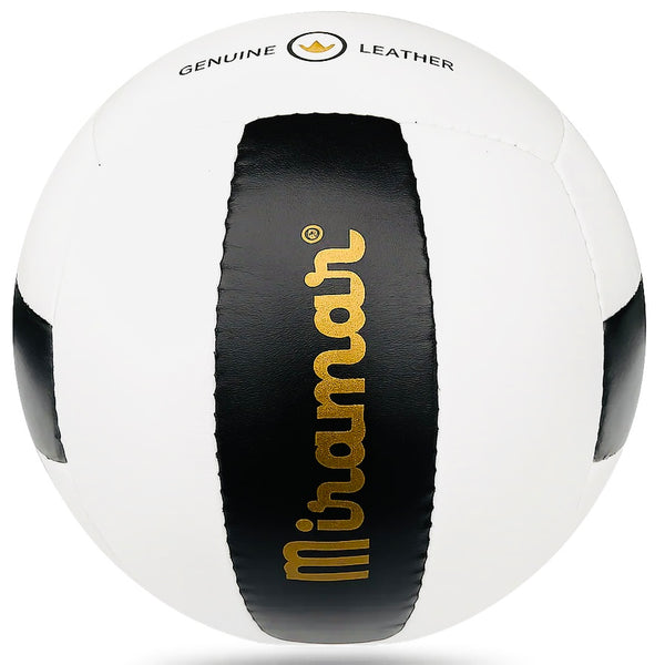 Miramar King of the Beach volleyball logo side angle Miramar view featuring black and white panels with gold lettering and crown emblem on genuine leather