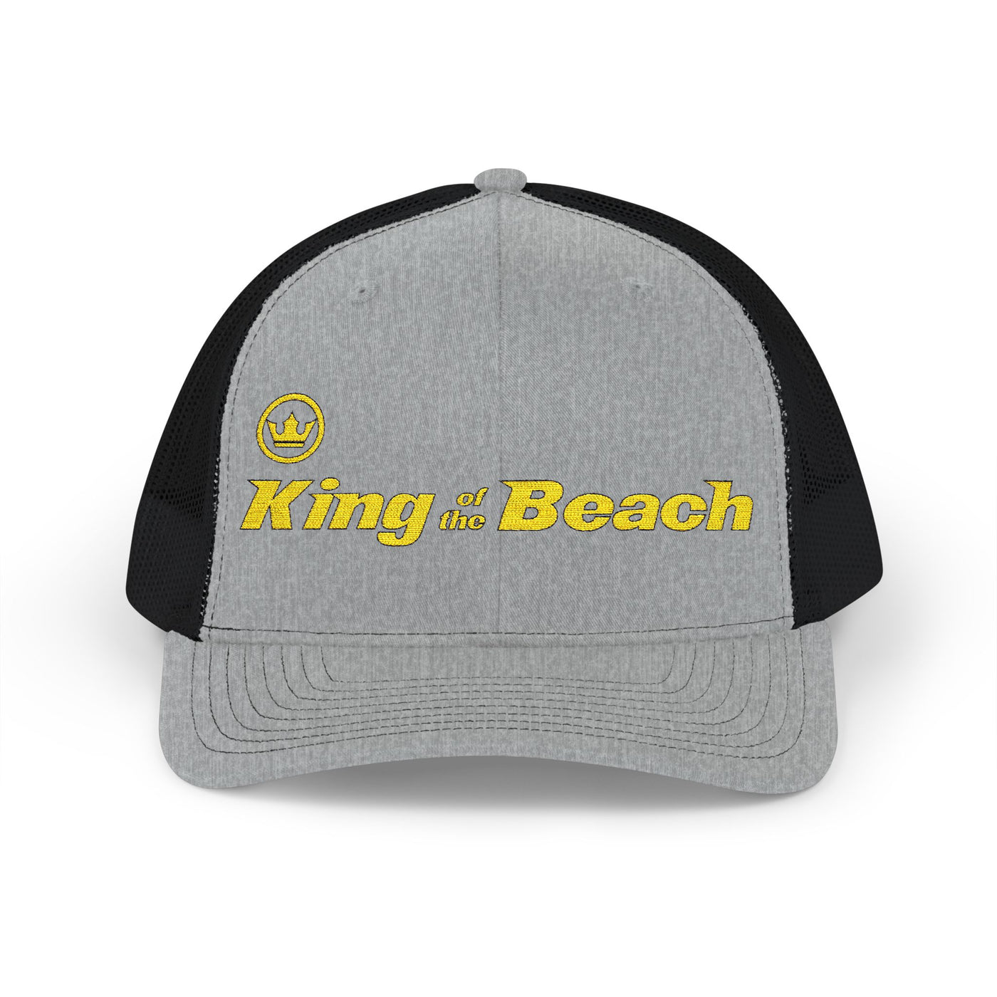 Gray and black cap with 'King of the Beach' text on a white background