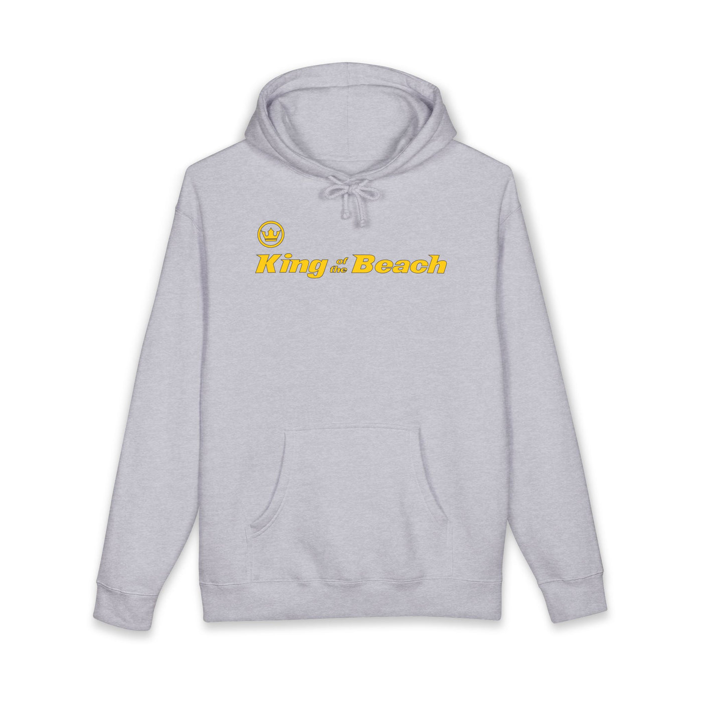 Gray hoodie with 'King of the Beach' text on a white background