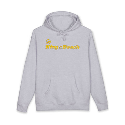 Gray hoodie with 'King of the Beach' text on a white background