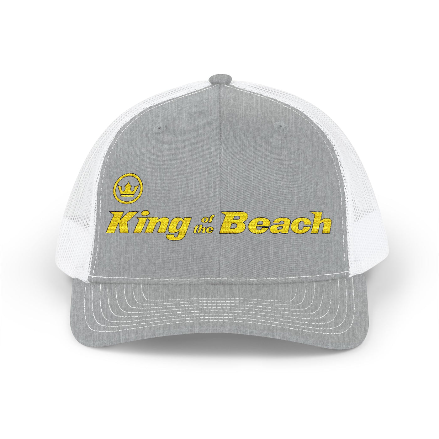 Gray and white cap with 'King of the Beach' text on a white background