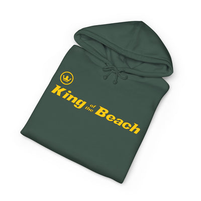 Green hoodie with 'King of the Beach' text on a white background