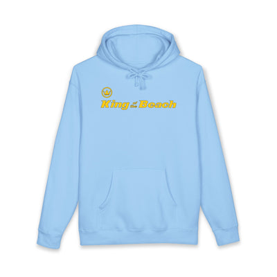 Light blue hoodie with 'King of the Beach' text on a white background