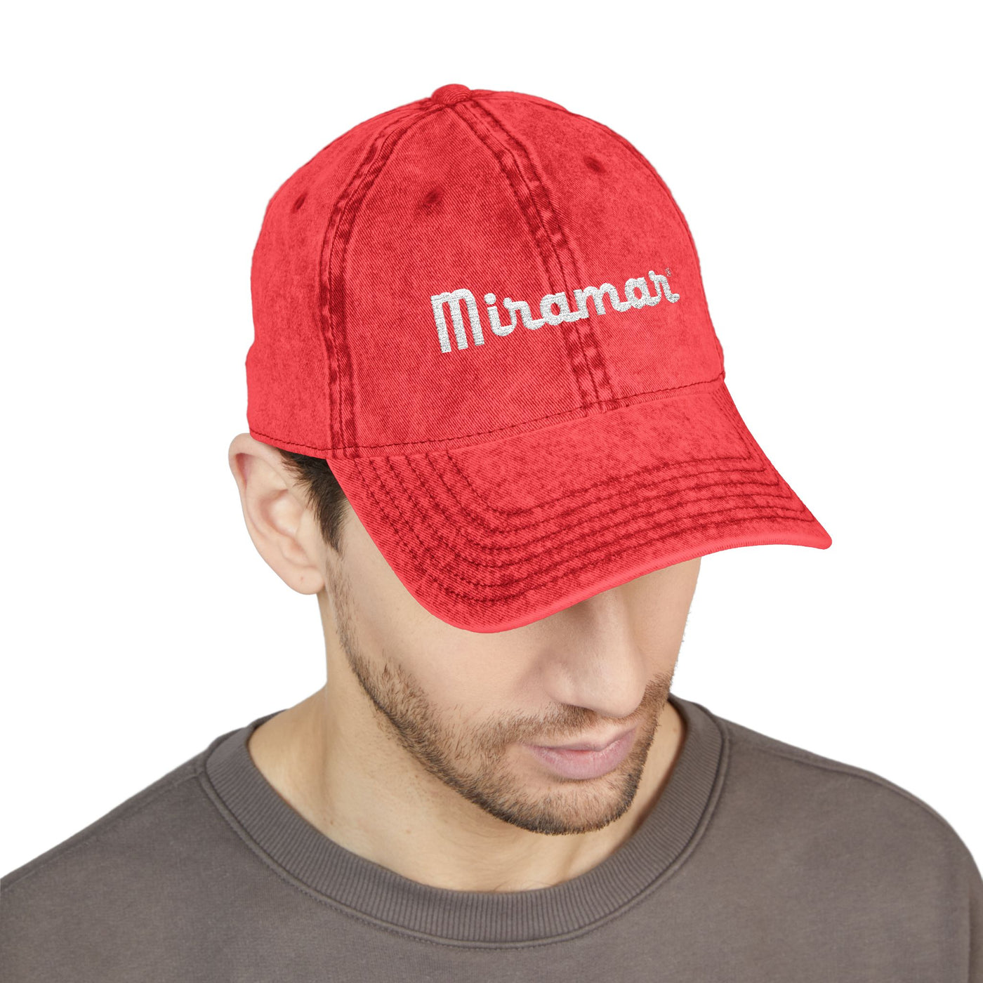 Man Red cap with 'Miramar' logo \