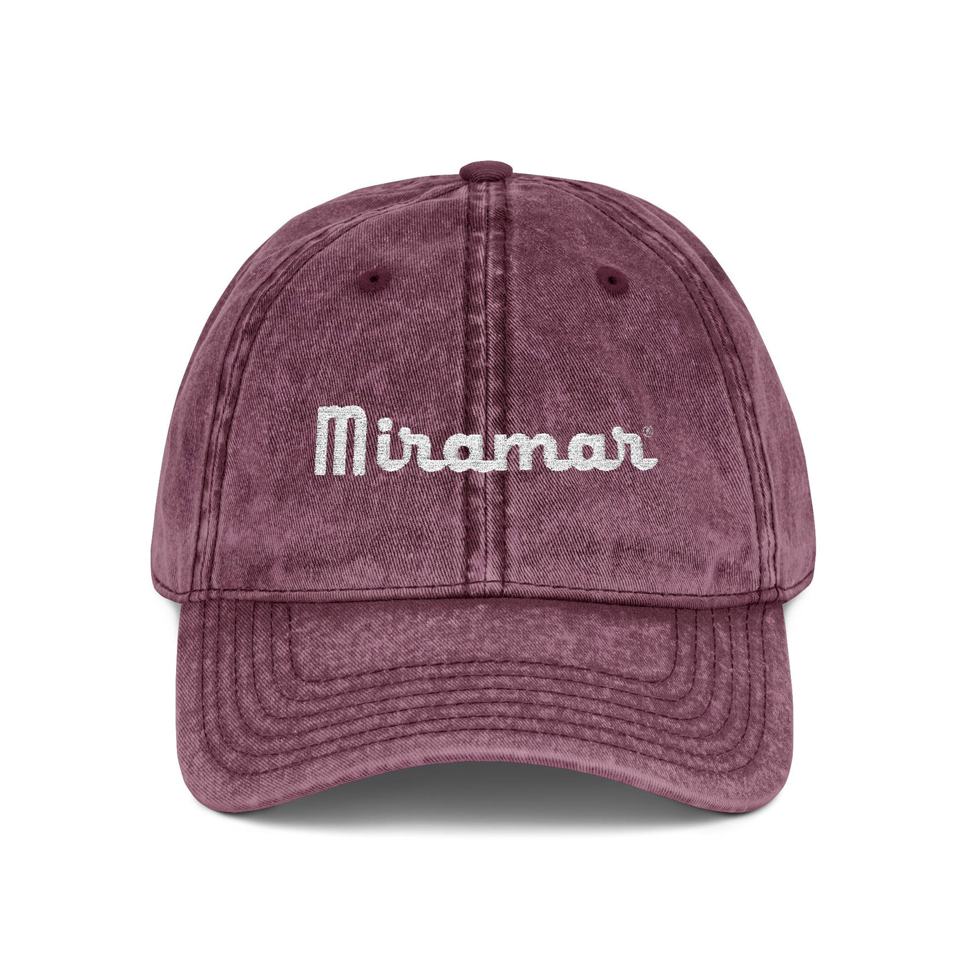 Maroon cap with 'Miramar' embroidered on a white background