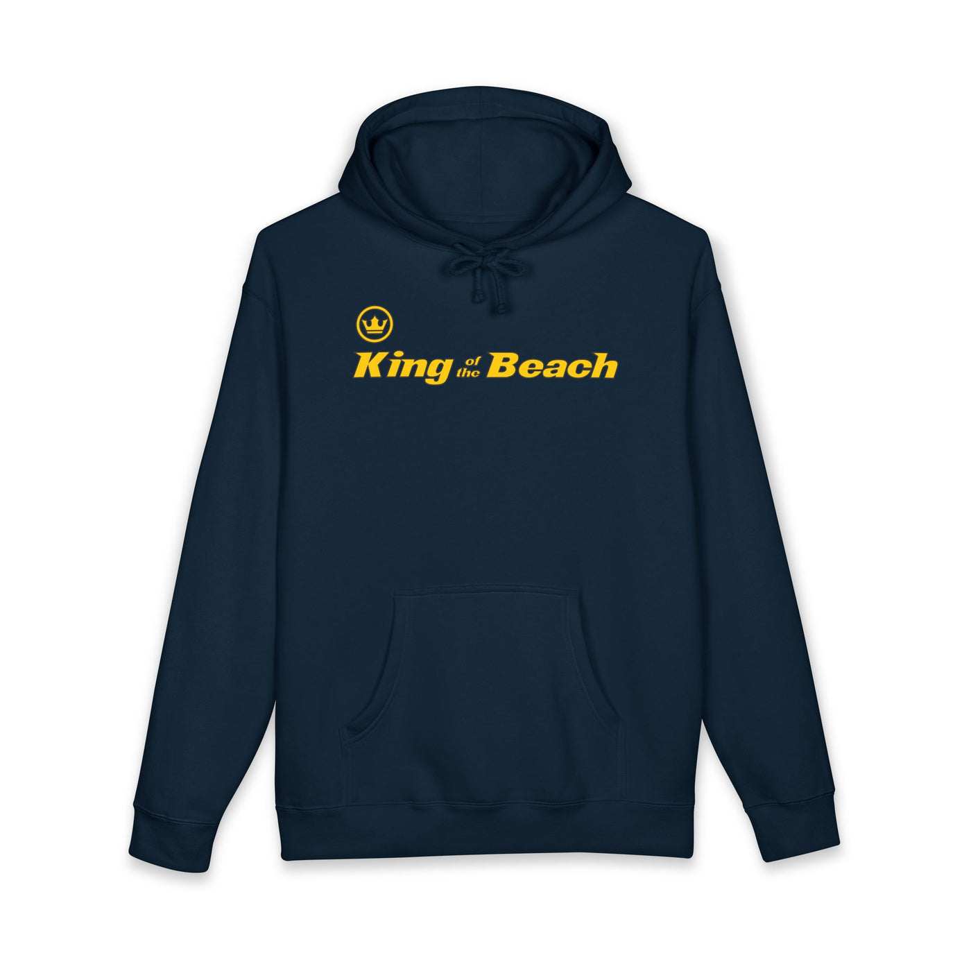 Navy hoodie with 'King of the Beach' text on a white background
