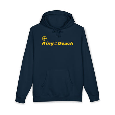 Navy hoodie with 'King of the Beach' text on a white background