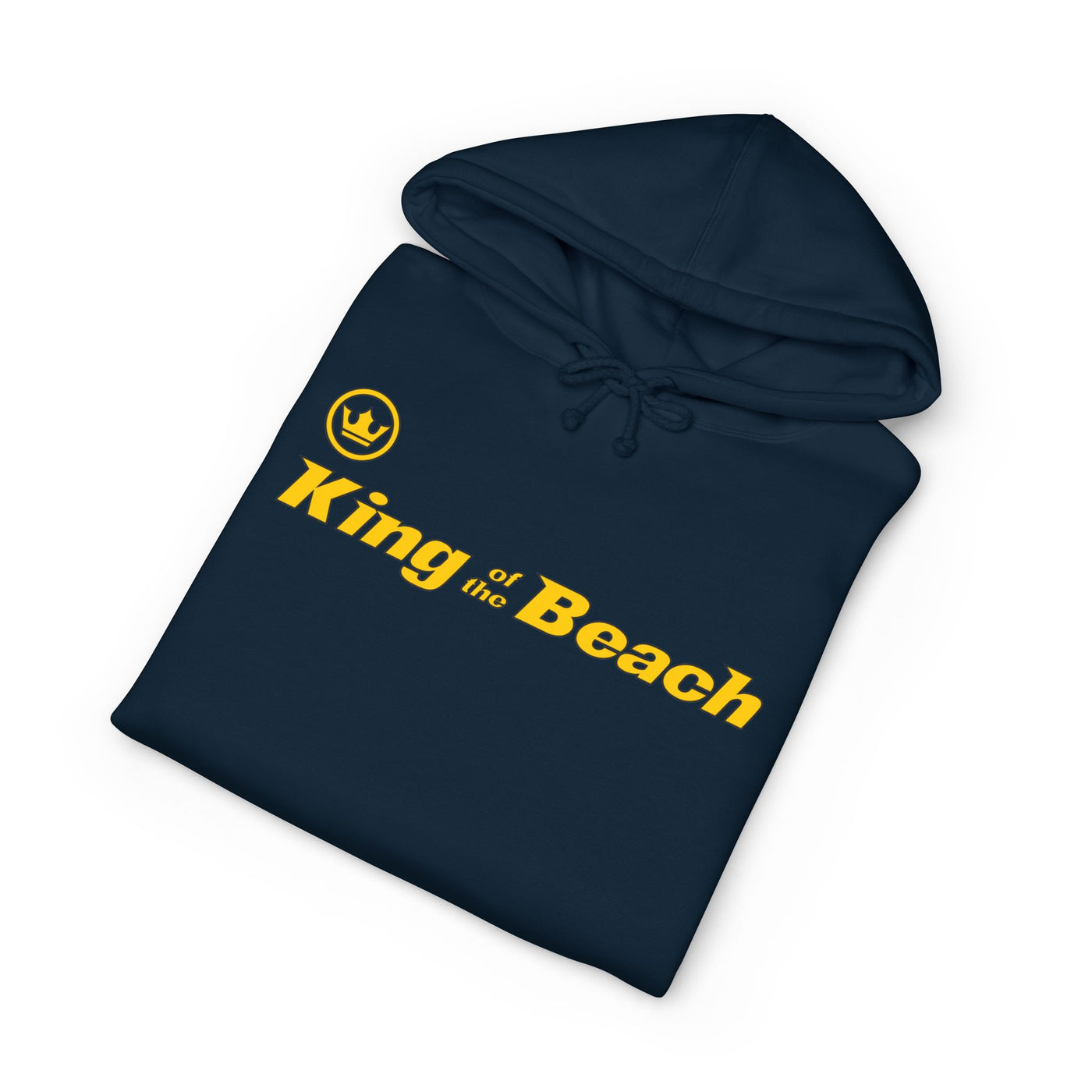 Navy blue hoodie with 'King of the Beach' text and logo on a white background