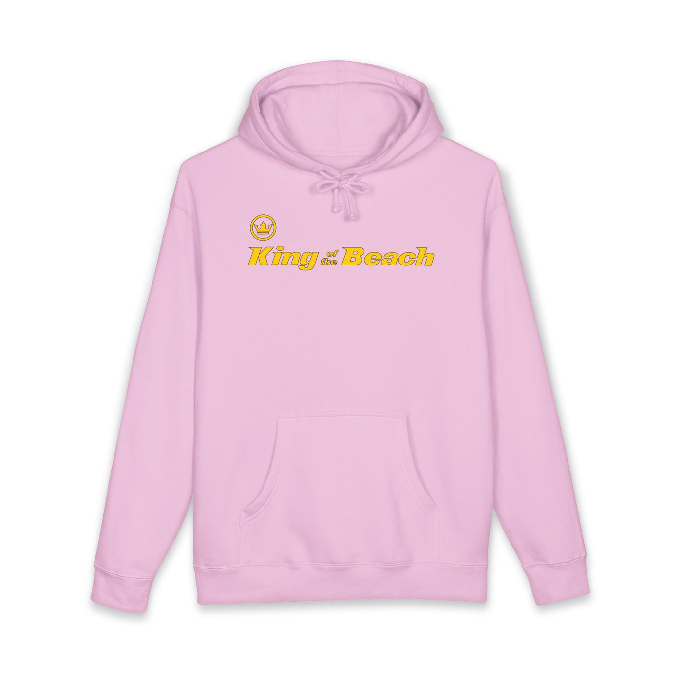 Pink hoodie with 'King of the Beach' text on a white background
