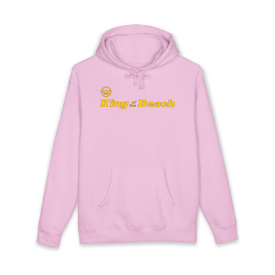 Pink hoodie with 'King of the Beach' text on a white background