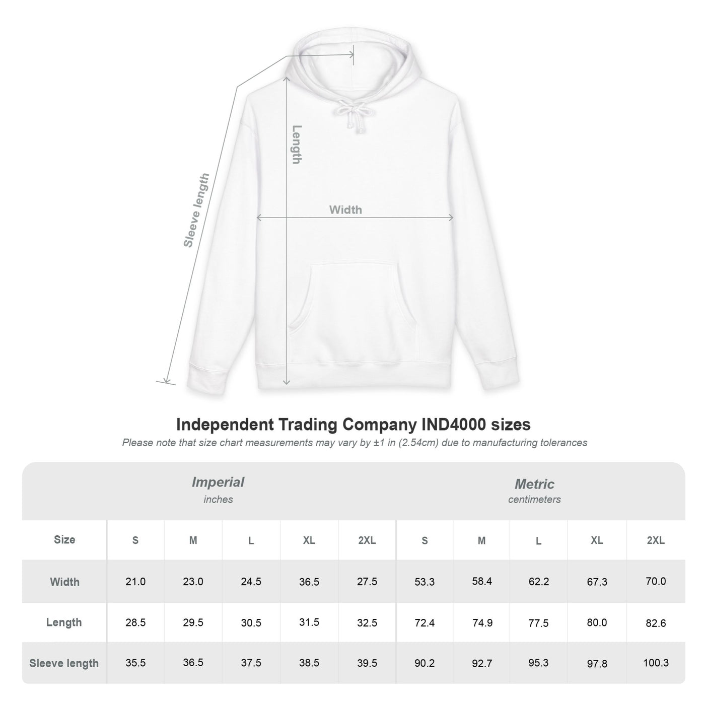 Signature KOTB hoodie with size chart measurements on a white background