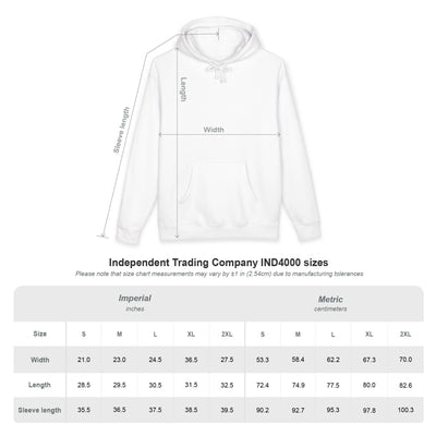 Signature KOTB hoodie with size chart measurements on a white background