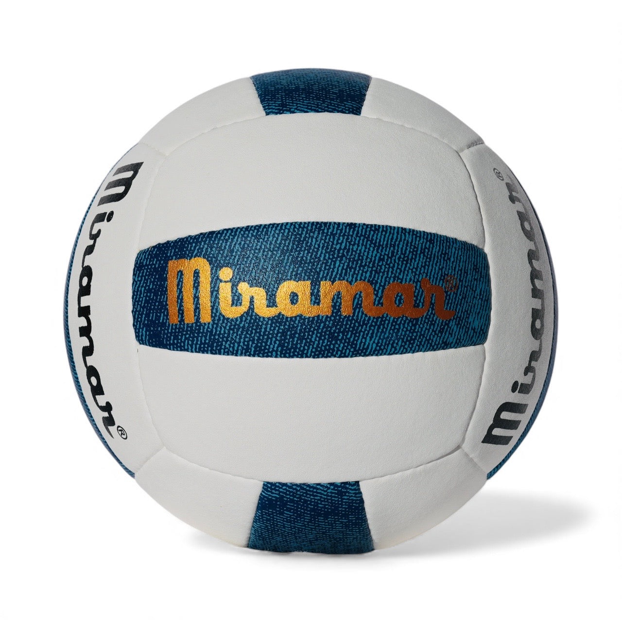 White volleyball with blue stripes and 'Miramar' branding on a white background