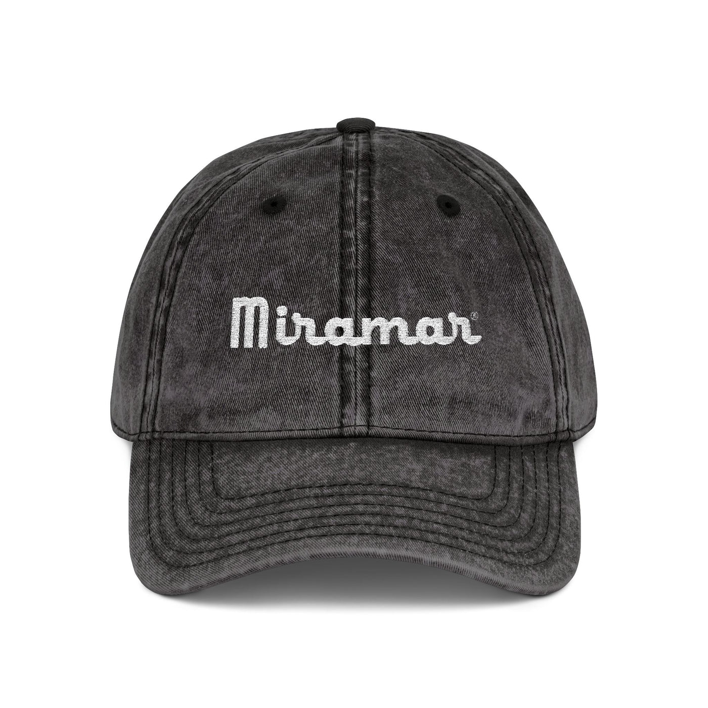 black cap with 'Miramar' logo on a white background