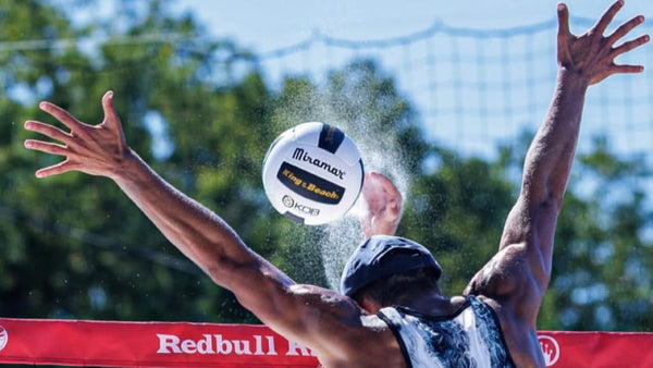 Derek Bradford at the net with the Miramar® King of the Beach® Professional Beach Volleyball during the King of the Beach® tournament in Dunedin Beach, Florida November 1-2, 2025.